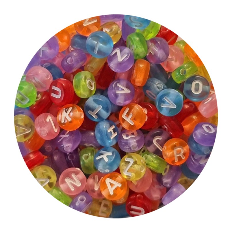 Buchstaben bunt transparent mit weißer Schrift 7mm 100 Stück